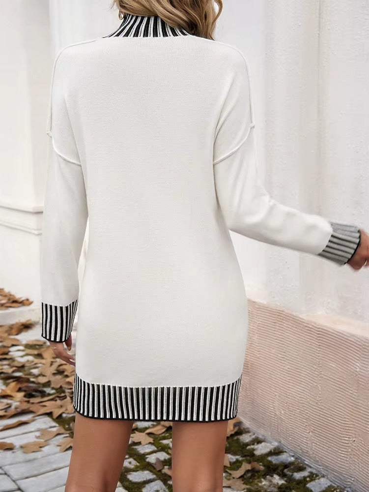 Elegant Stand Collar Long-sleeve Casual Patchwork Loose Mini Knitted Dress