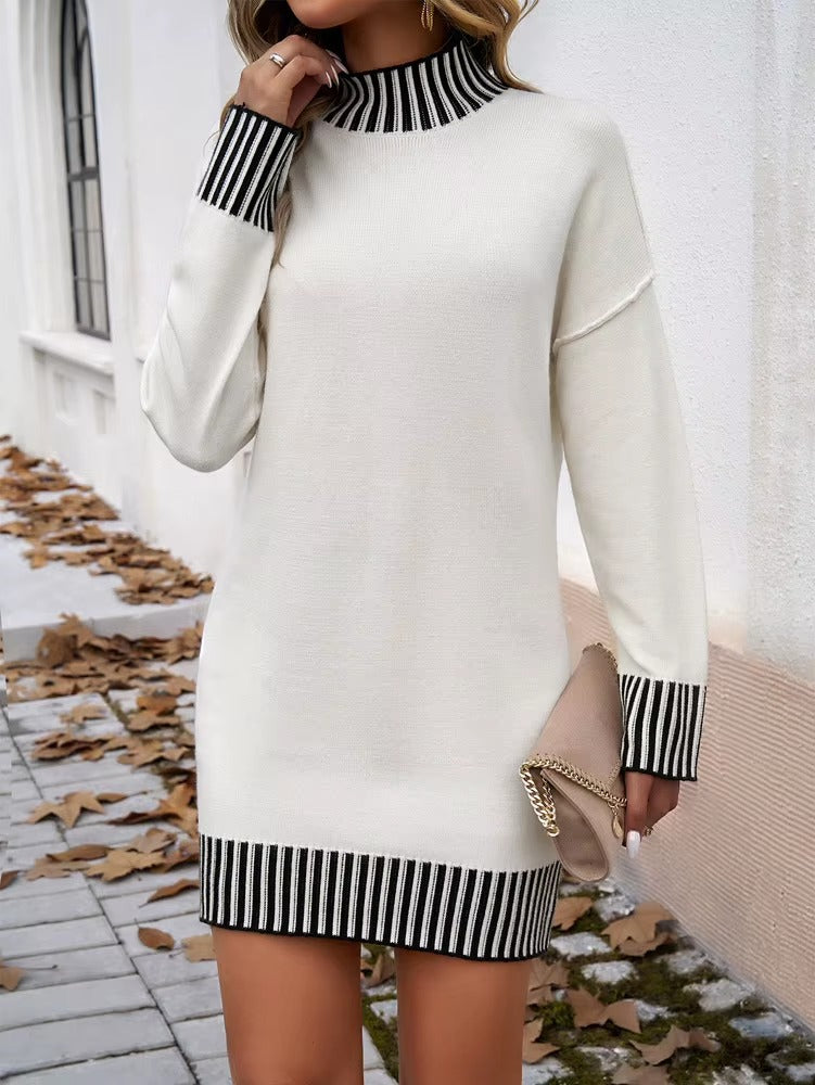 Elegant Stand Collar Long-sleeve Casual Patchwork Loose Mini Knitted Dress