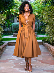 Elegant Stand Collar Sash Short Sleeves Layered Midi Shirt Dresses