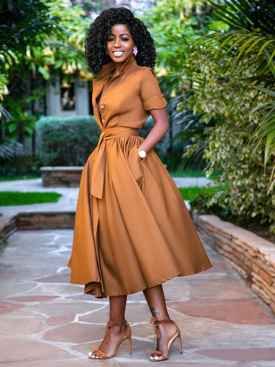 Elegant Stand Collar Sash Short Sleeves Layered Midi Shirt Dresses