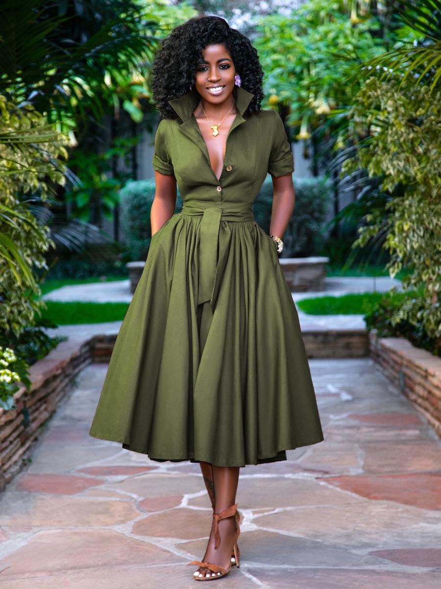 Elegant Stand Collar Sash Short Sleeves Layered Midi Shirt Dresses