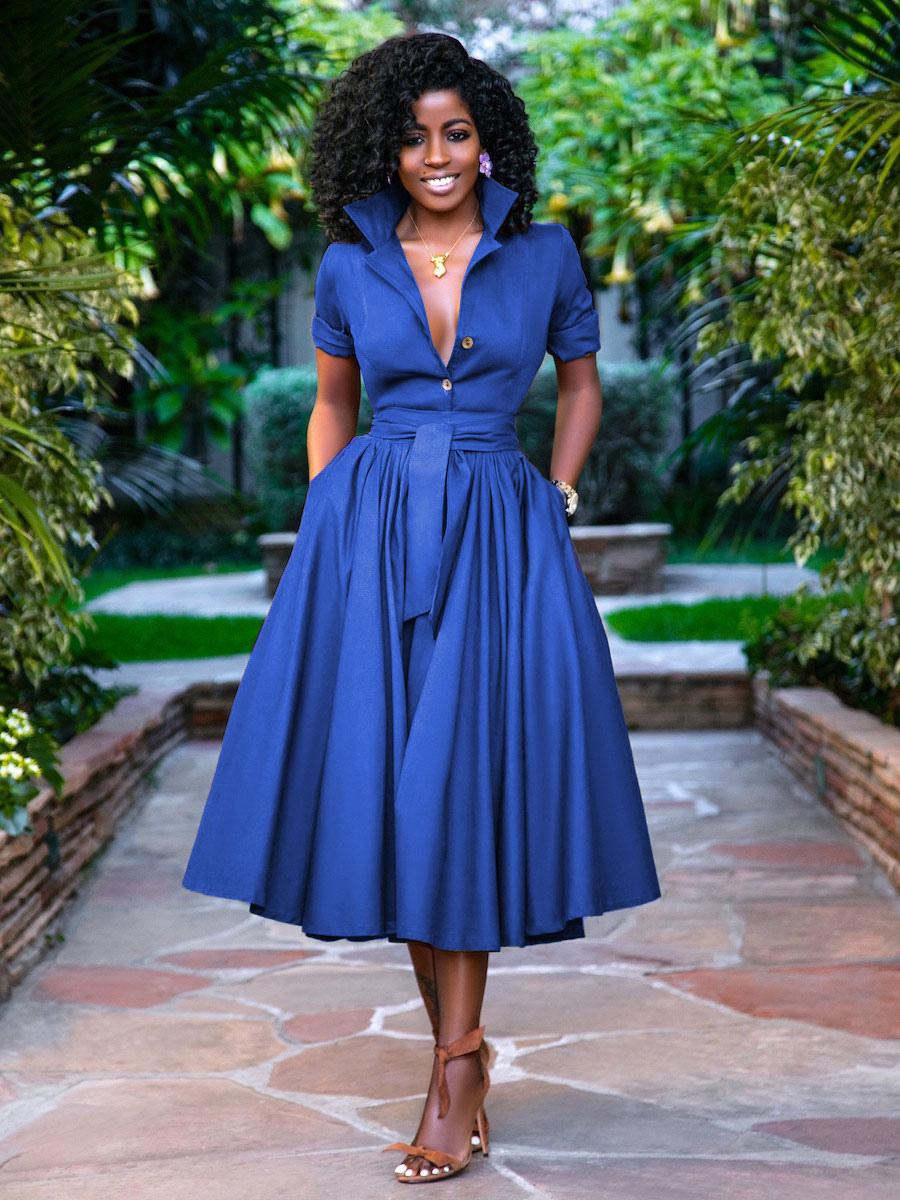 Elegant Stand Collar Sash Short Sleeves Layered Midi Shirt Dresses