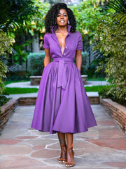 Elegant Stand Collar Sash Short Sleeves Layered Midi Shirt Dresses