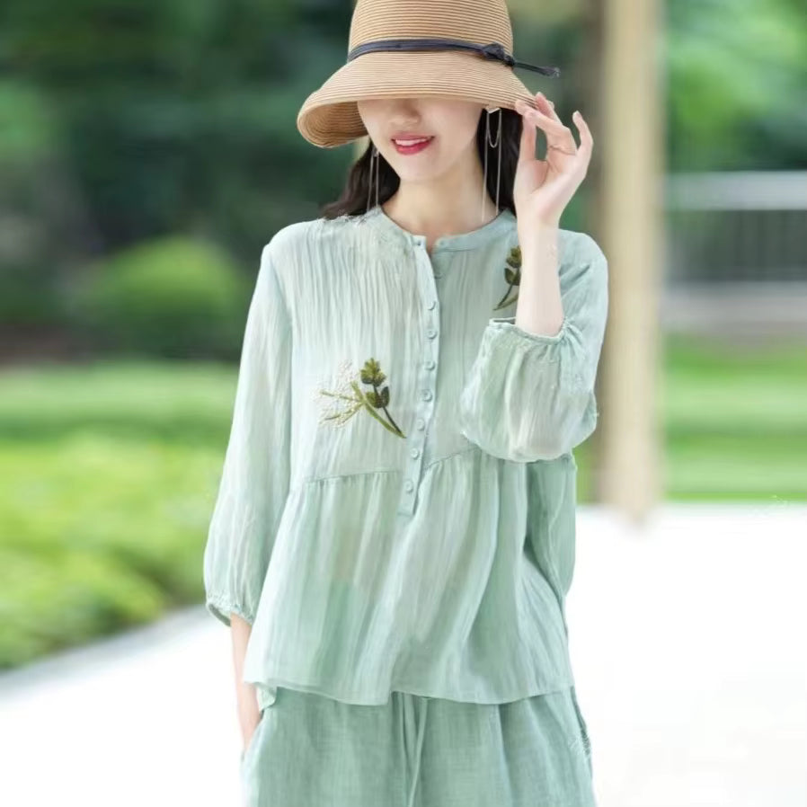 Elegant Stand Collar Splicing Embroidered Loose Cotton and Linen Top