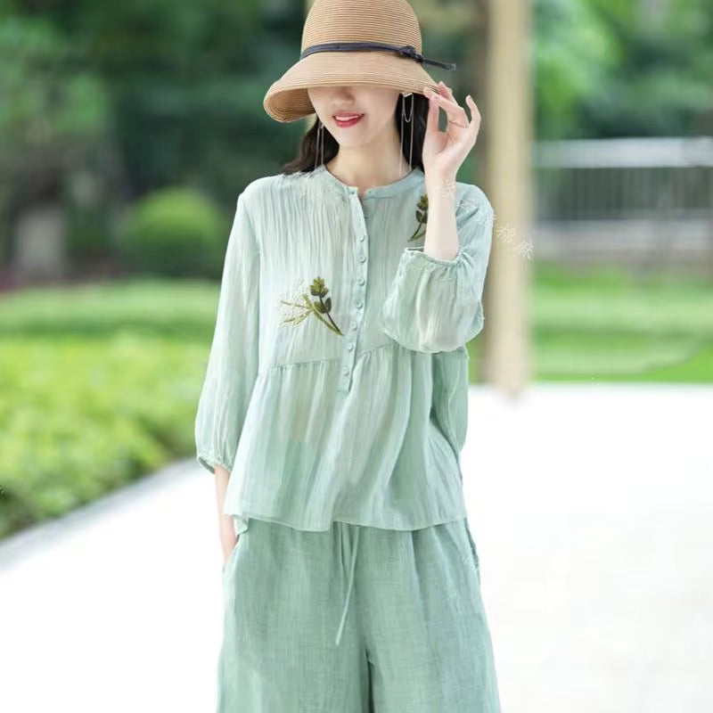 Elegant Stand Collar Splicing Embroidered Loose Cotton and Linen Top