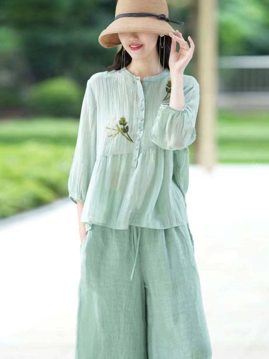Elegant Stand Collar Splicing Embroidered Loose Cotton and Linen Top