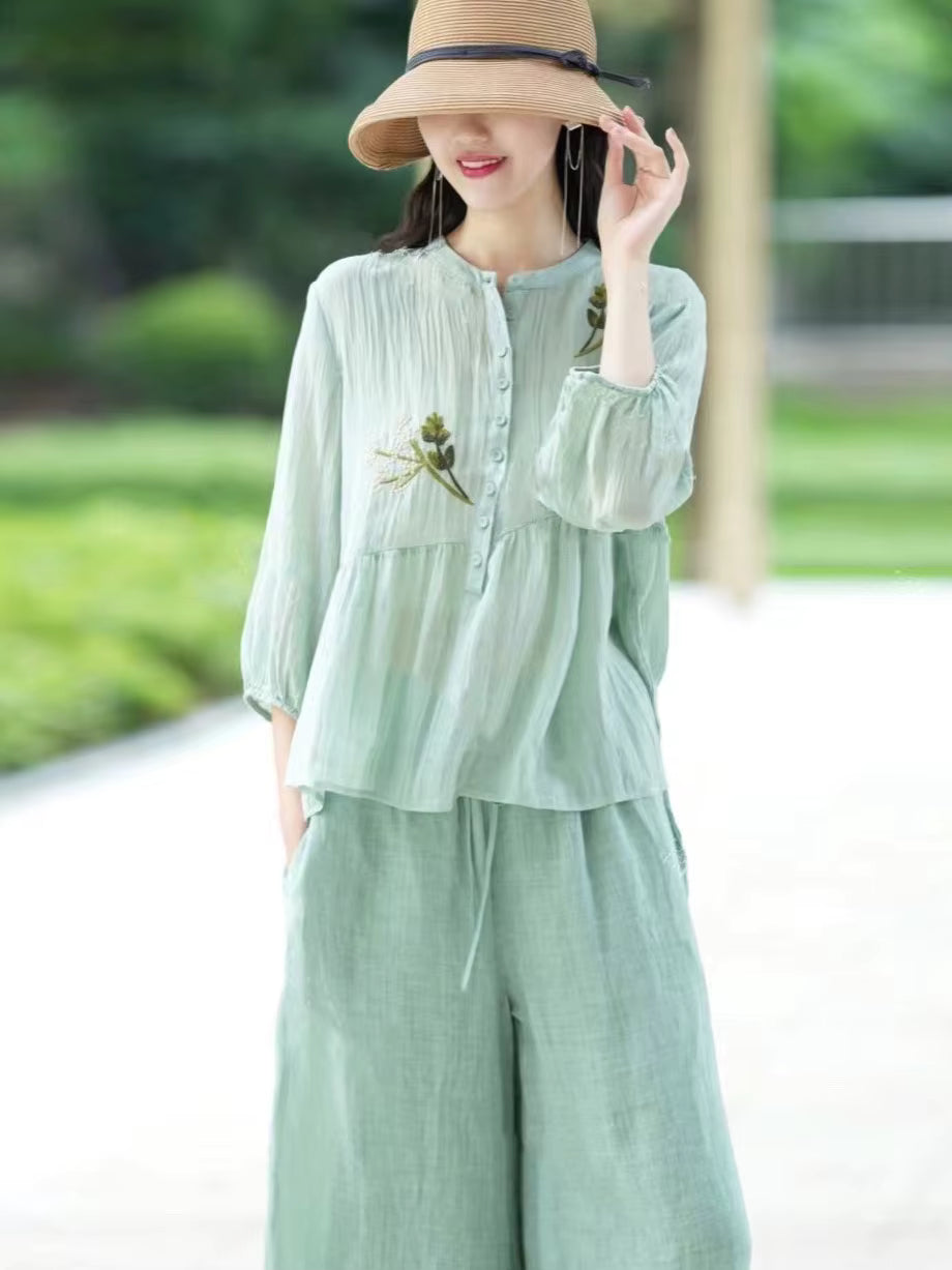 Elegant Stand Collar Splicing Embroidered Loose Cotton and Linen Top