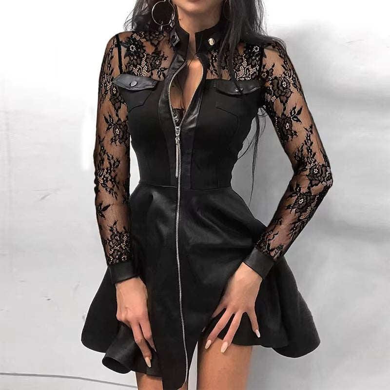 Elegant Stand Neck Zipper Pockets Lace Patchwork Sheath Mini Dress