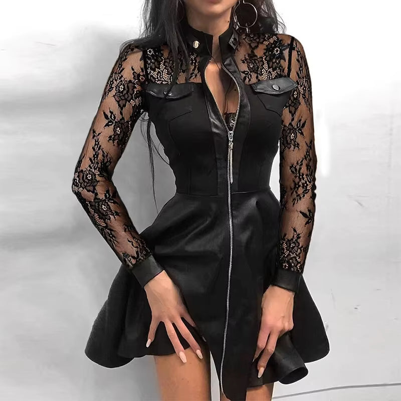 Elegant Stand Neck Zipper Pockets Lace Patchwork Sheath Mini Dress