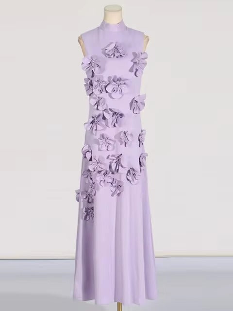 Elegant Standing Neck Sleeveless 3D Flower Birthday Party Maxi Dress