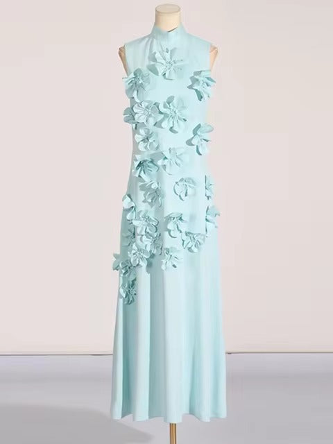 Elegant Standing Neck Sleeveless 3D Flower Birthday Party Maxi Dress