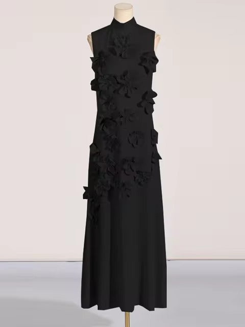 Elegant Standing Neck Sleeveless 3D Flower Birthday Party Maxi Dress