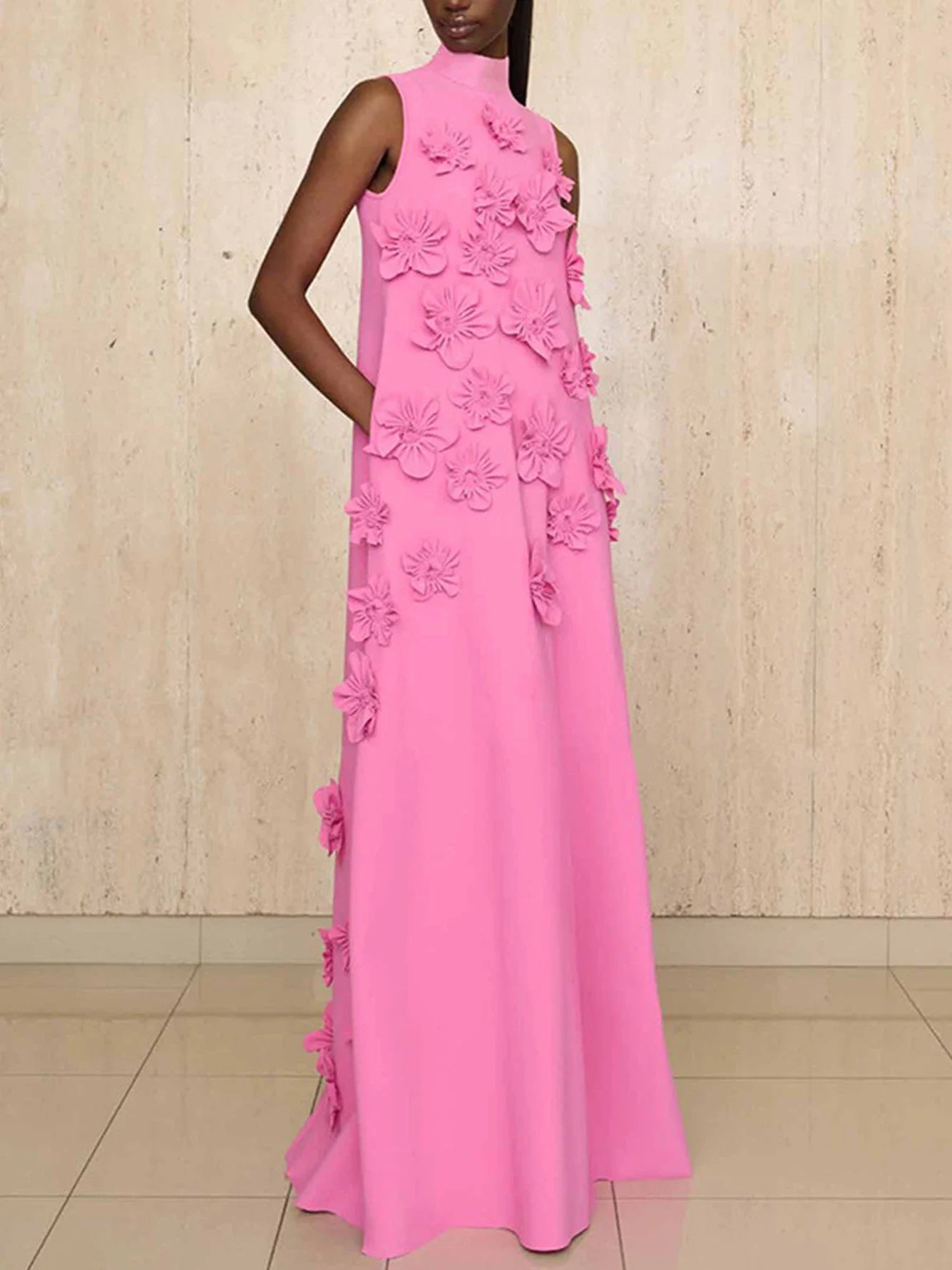 Elegant Standing Neck Sleeveless 3D Flower Birthday Party Maxi Dress