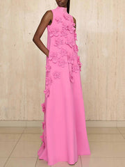 Elegant Standing Neck Sleeveless 3D Flower Birthday Party Maxi Dress