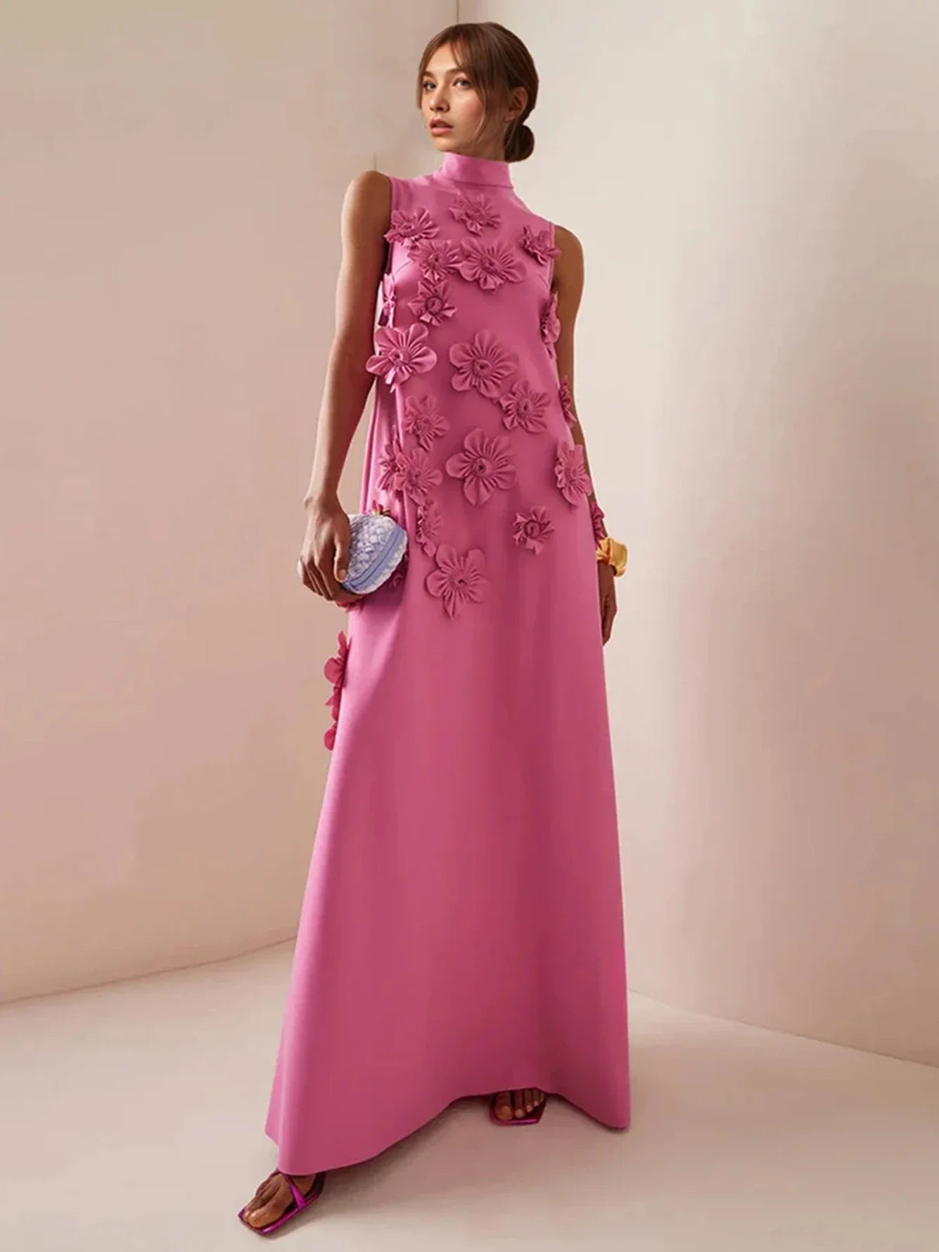 Elegant Standing Neck Sleeveless 3D Flower Birthday Party Maxi Dress