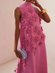 Elegant Standing Neck Sleeveless 3D Flower Birthday Party Maxi Dress