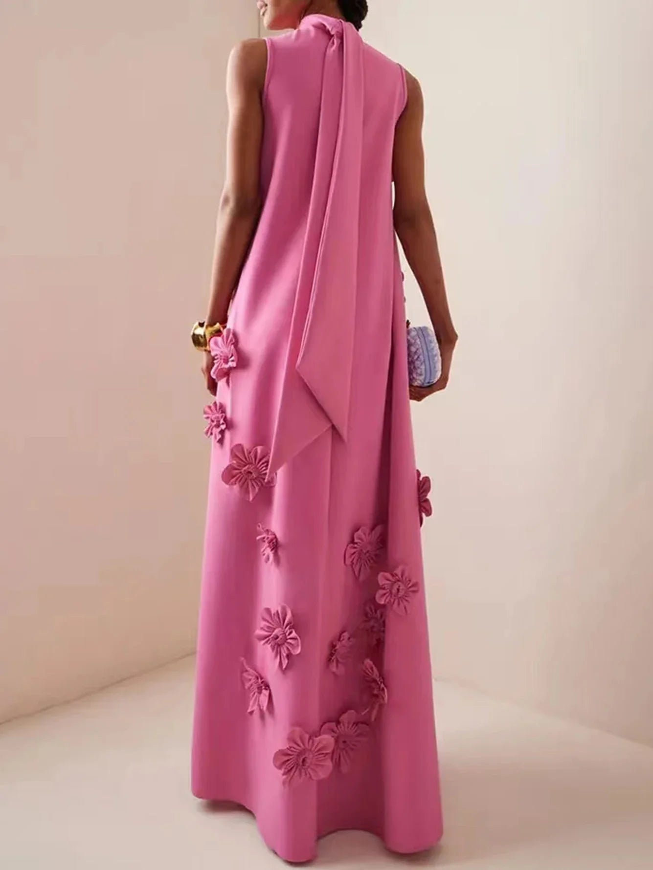 Elegant Standing Neck Sleeveless 3D Flower Birthday Party Maxi Dress