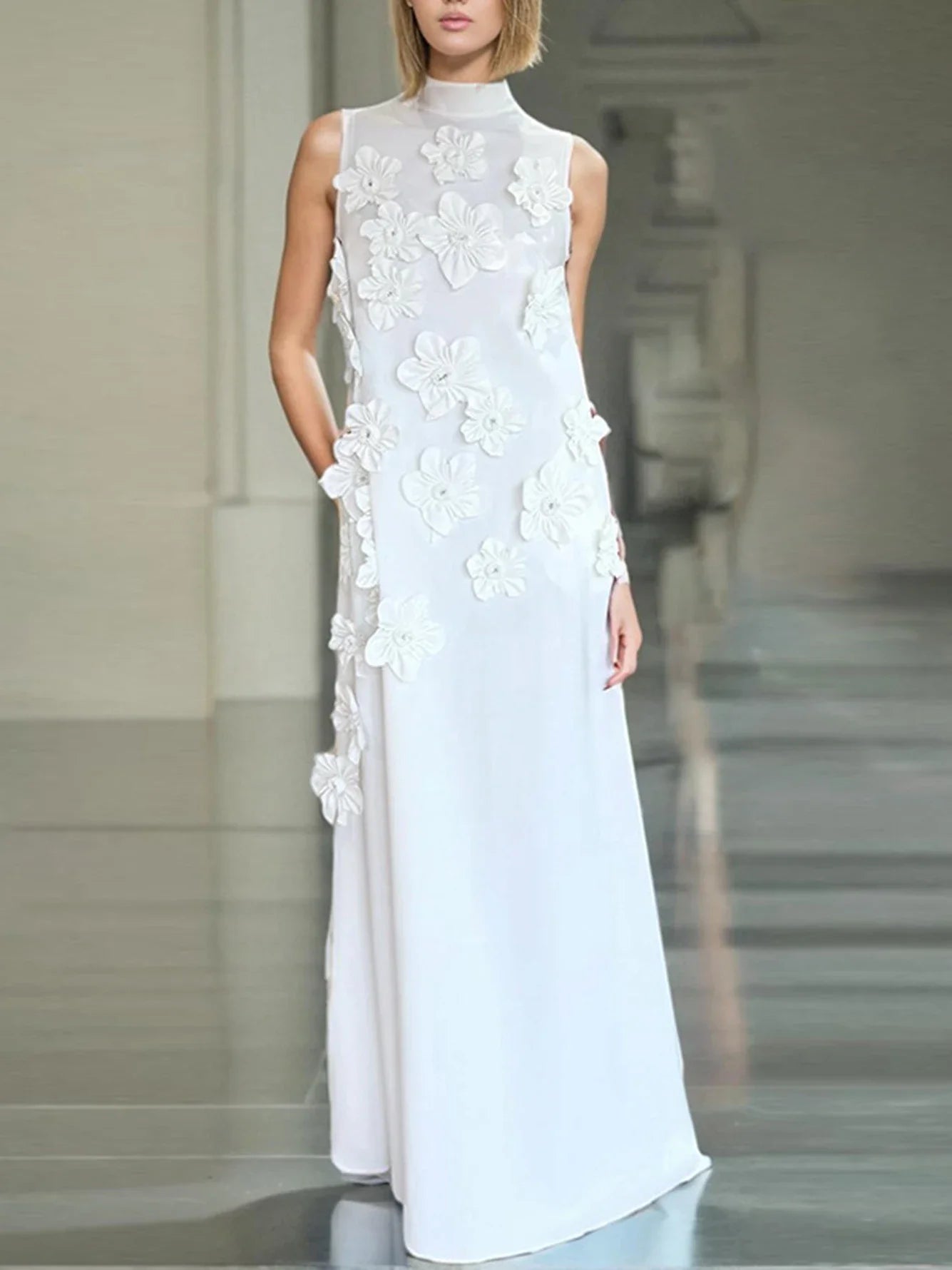 Elegant Standing Neck Sleeveless 3D Flower Birthday Party Maxi Dress