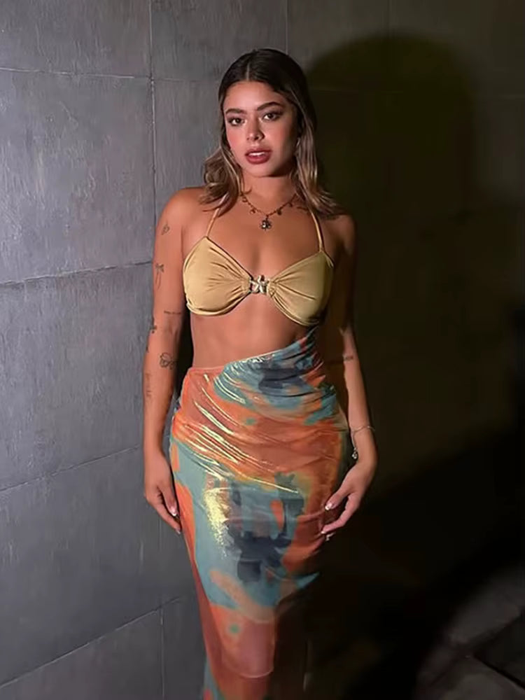 Elegant Starfish Knot Hollow Patchwork Double Deck Beach Halter Backless Cross Maxi Dress    