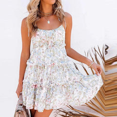 Elegant Strap Print Ruffles Party Mini Dress