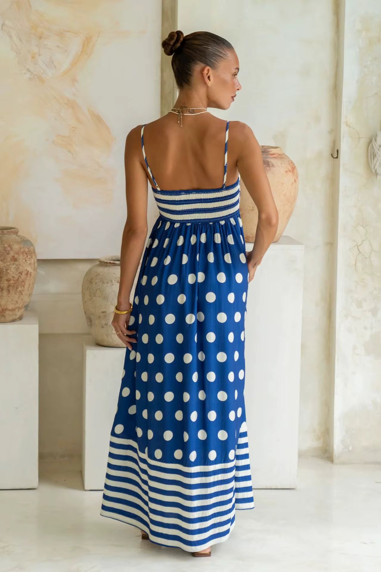 Elegant Strap Swing High Waist Printed Strap A-line Maxi Dress