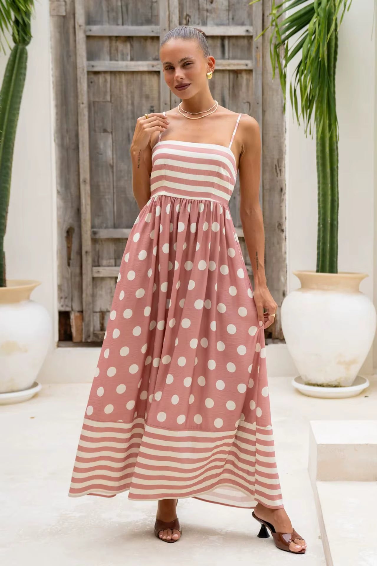Elegant Strap Swing High Waist Printed Strap A-line Maxi Dress
