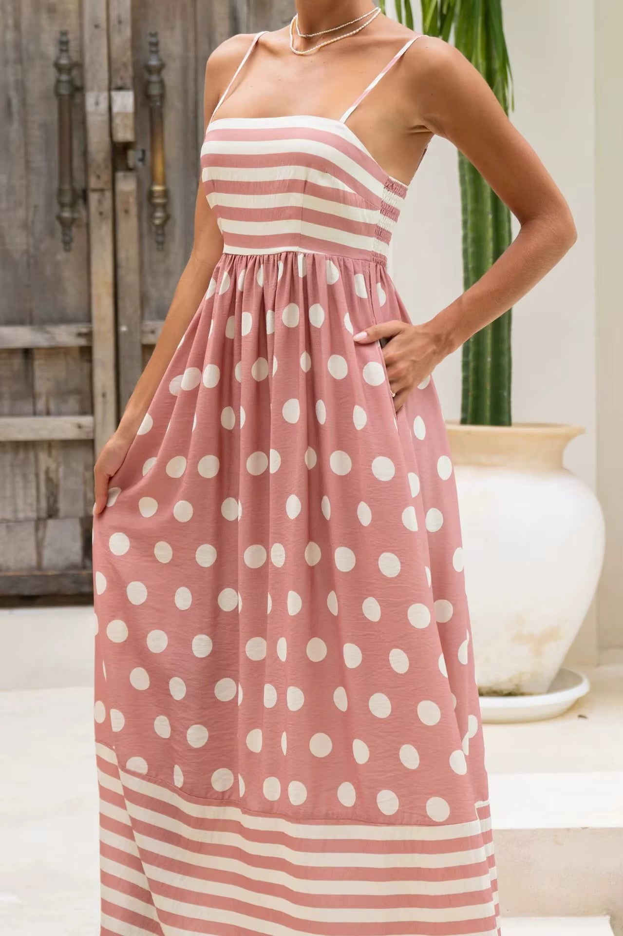 Elegant Strap Swing High Waist Printed Strap A-line Maxi Dress