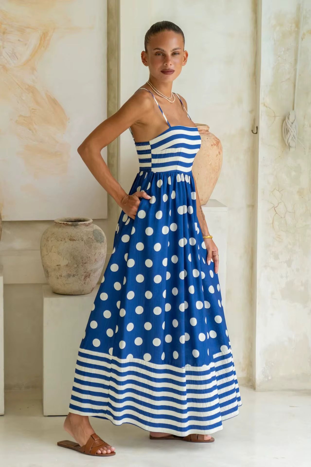 Elegant Strap Swing High Waist Printed Strap A-line Maxi Dress