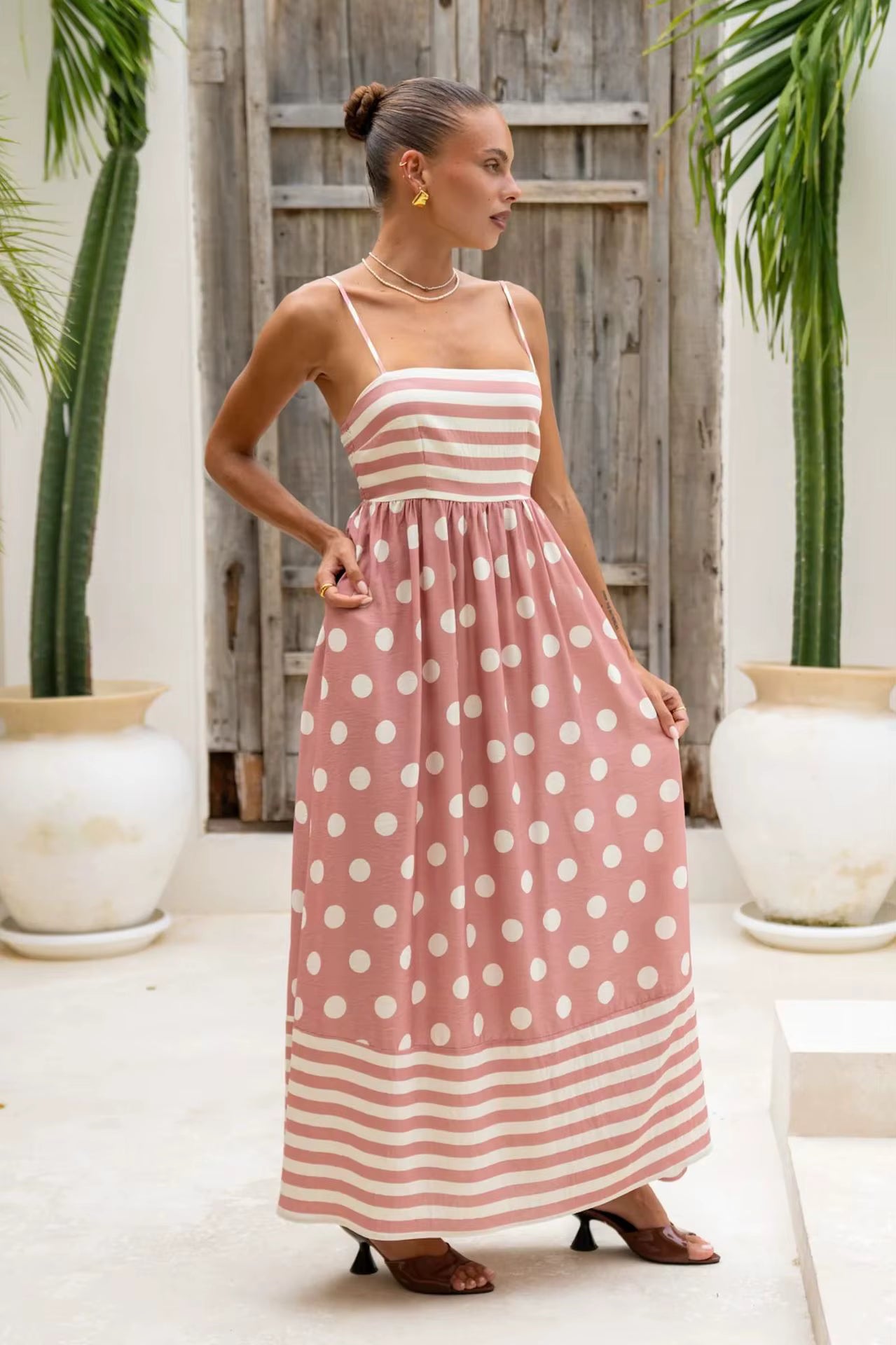 Elegant Strap Swing High Waist Printed Strap A-line Maxi Dress