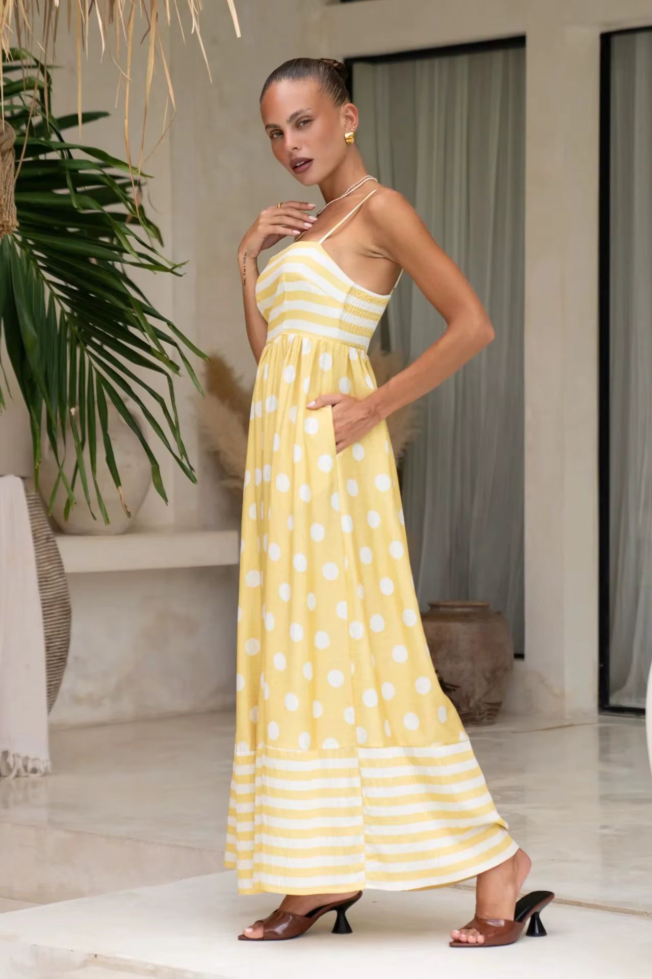 Elegant Strap Swing High Waist Printed Strap A-line Maxi Dress
