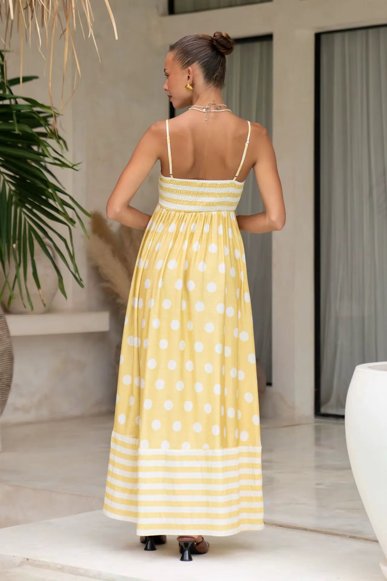 Elegant Strap Swing High Waist Printed Strap A-line Maxi Dress