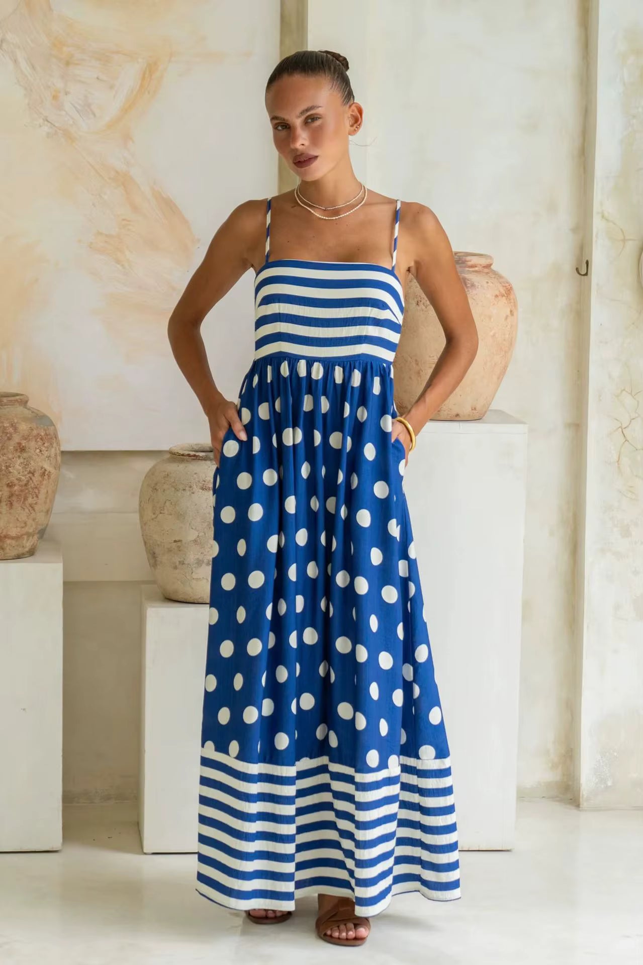 Elegant Strap Swing High Waist Printed Strap A-line Maxi Dress