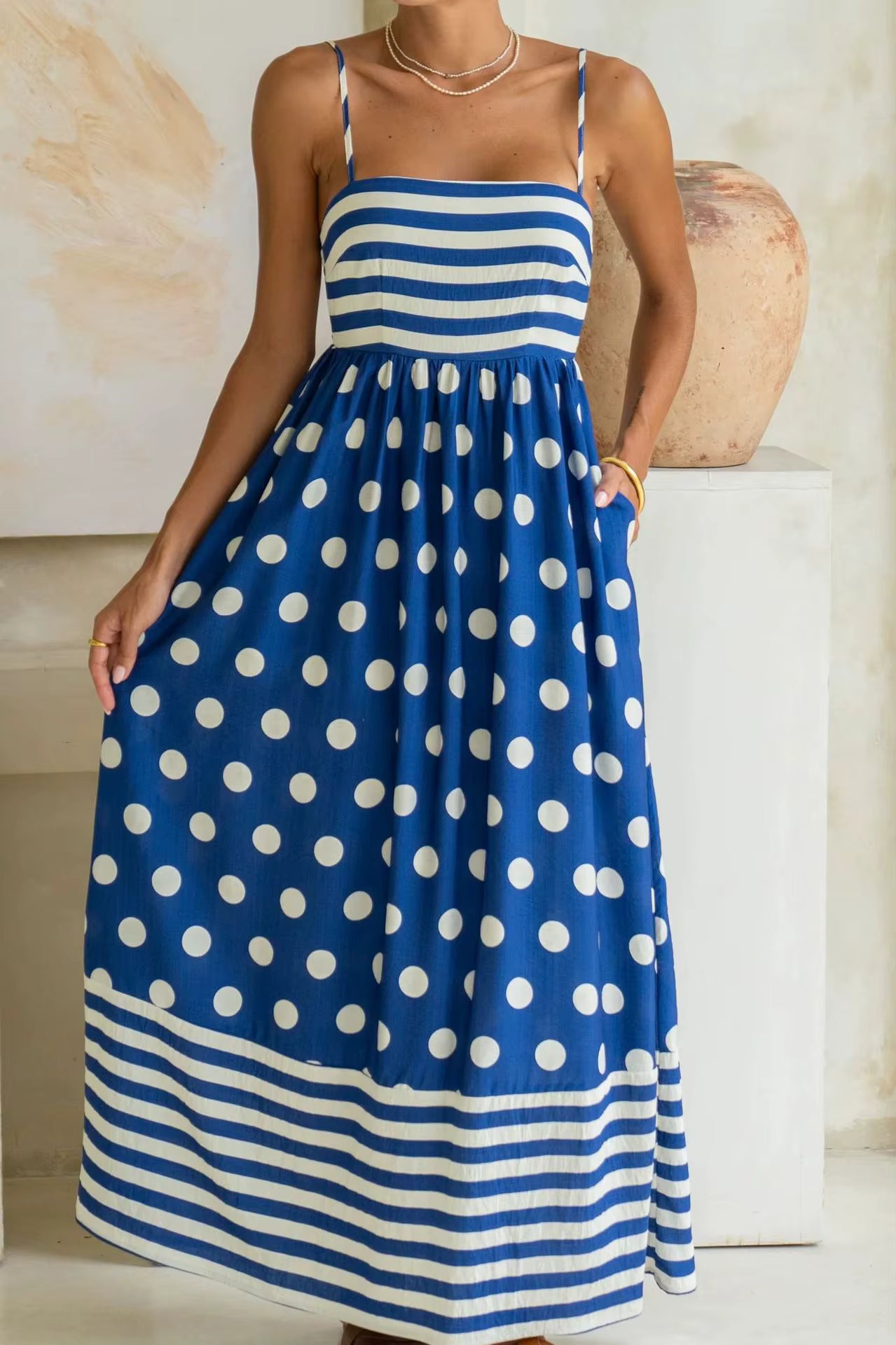 Elegant Strap Swing High Waist Printed Strap A-line Maxi Dress