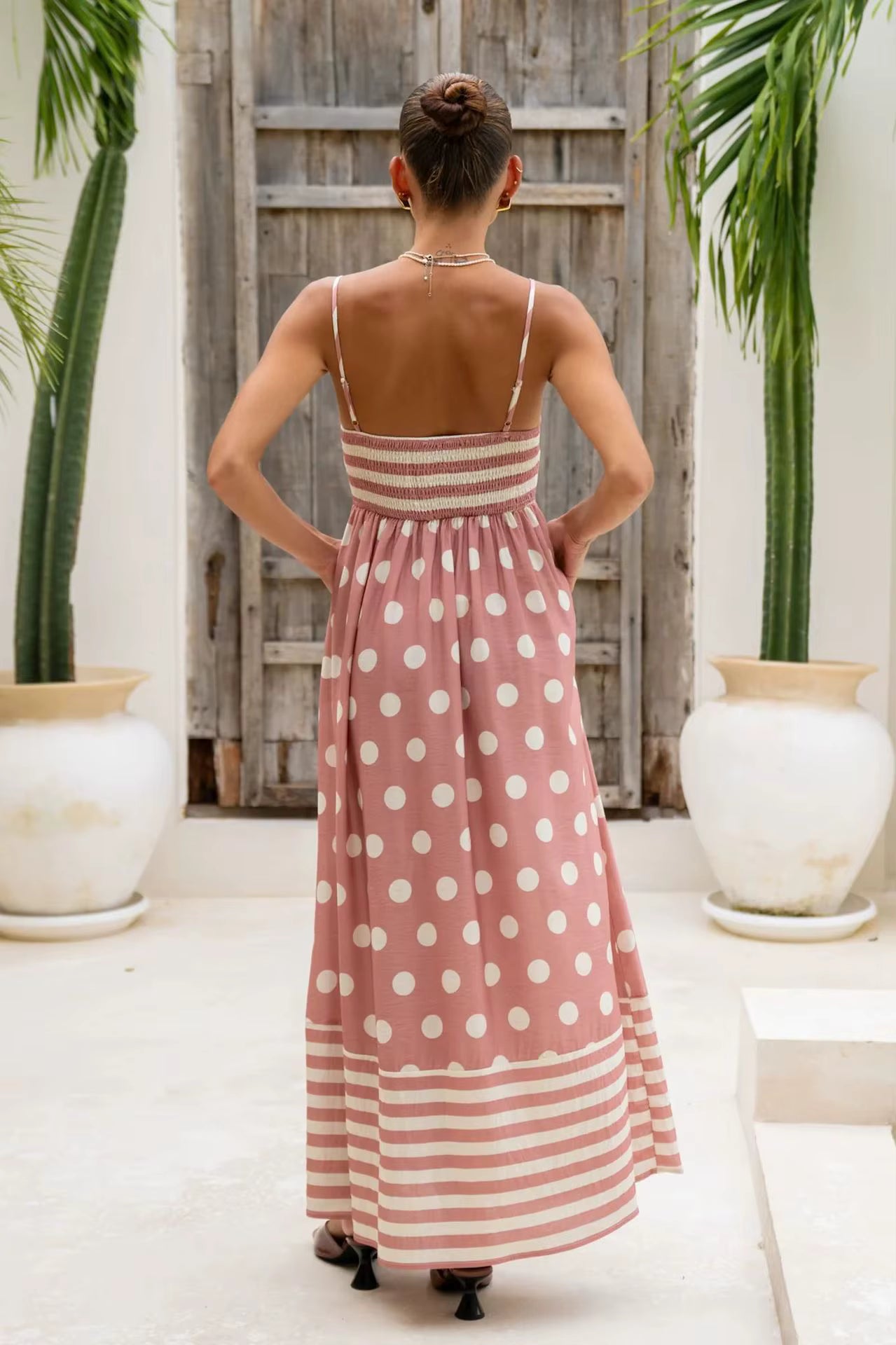 Elegant Strap Swing High Waist Printed Strap A-line Maxi Dress