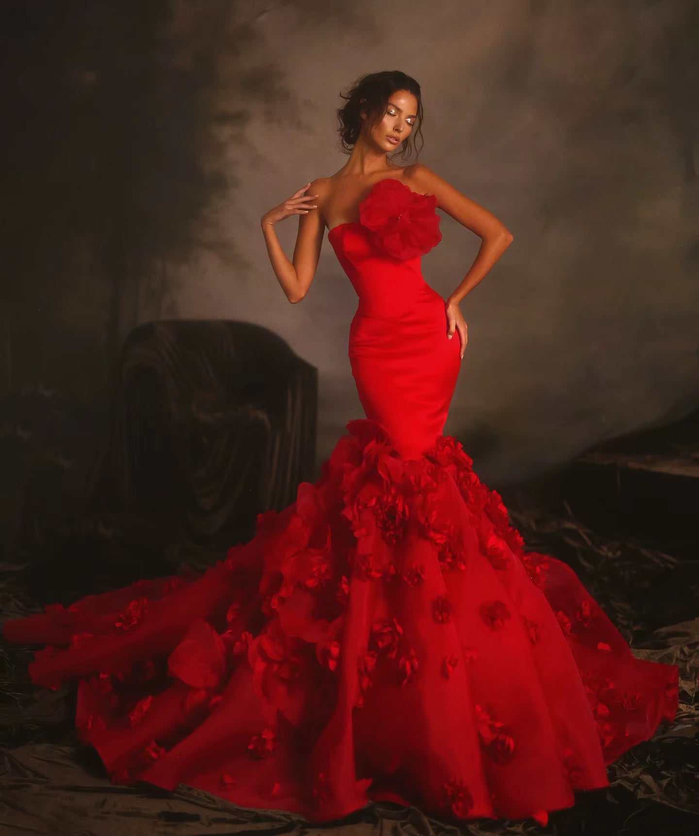Elegant Strapless 3D Flower Mermaid Bridal Wedding Maxi Dress