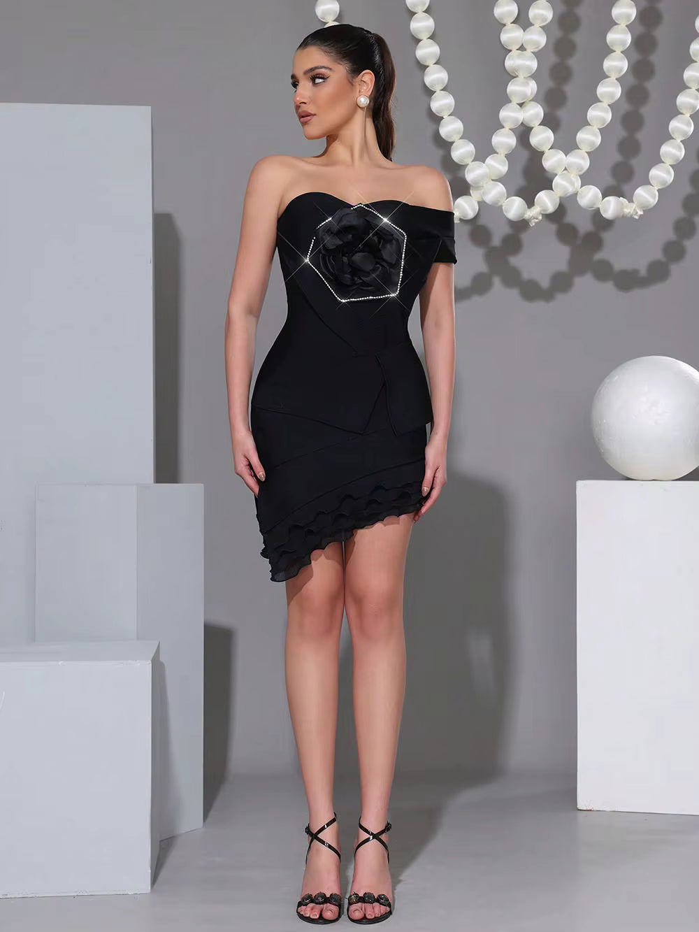 Elegant Strapless Above Knee Diamond 3D Flower Boutique Mini Dress