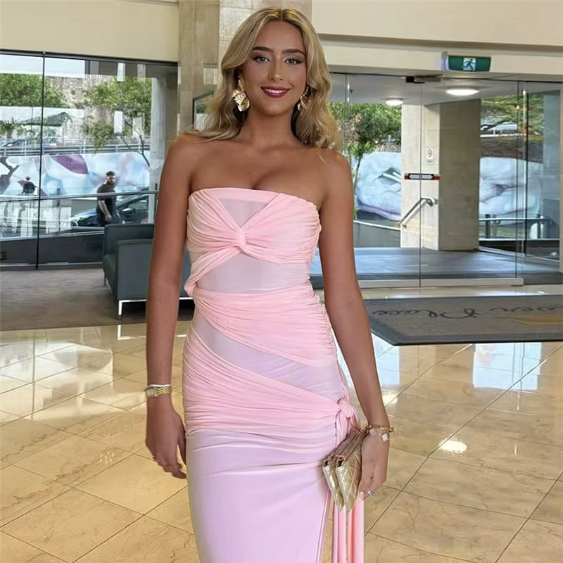Elegant Strapless Ankle-Length Backless High Waist Club Maxi Dress