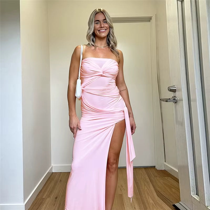 Elegant Strapless Ankle-Length Backless High Waist Club Maxi Dress
