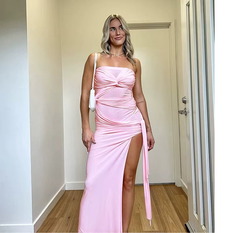 Elegant Strapless Ankle-Length Backless High Waist Club Maxi Dress