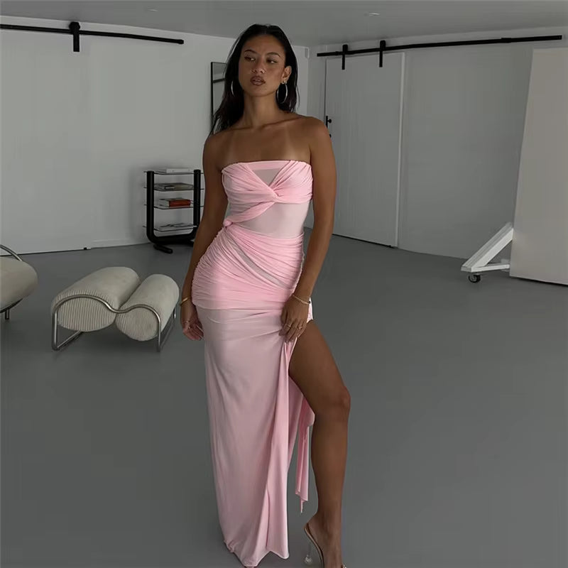 Elegant Strapless Ankle-Length Backless High Waist Club Maxi Dress