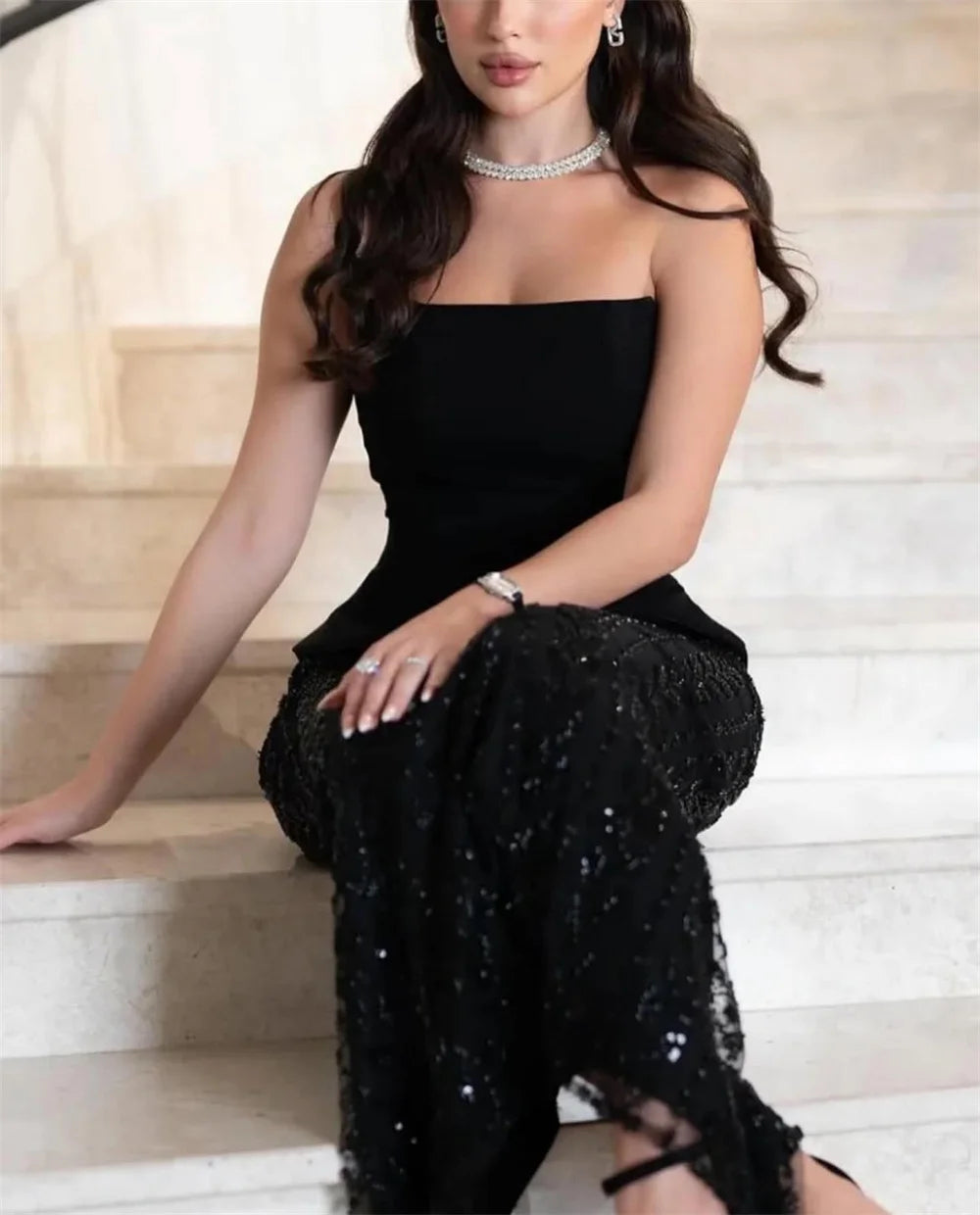 Elegant Strapless Appliques Trumpet Sleeveless Sequins Party Prom Maxi Dresses