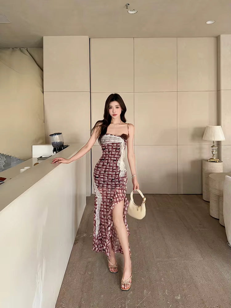 Elegant Strapless Asymmetric Pliad Patchwork Sling Long Maxi Dresses