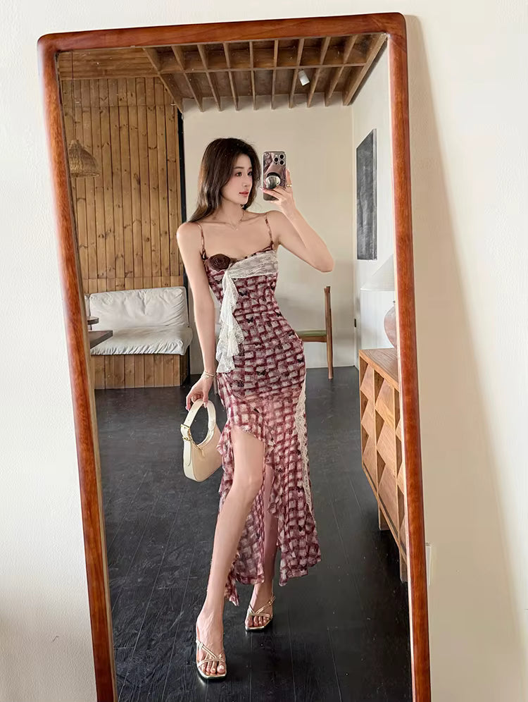 Elegant Strapless Asymmetric Pliad Patchwork Sling Long Maxi Dresses