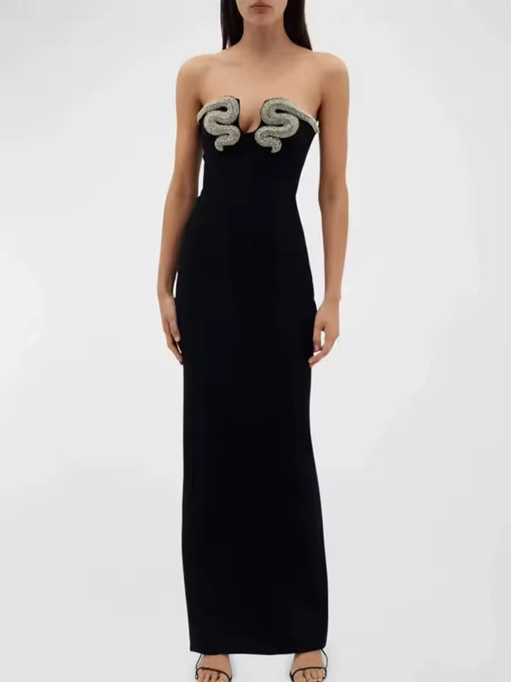 Elegant Strapless Backless Diamonds Evening Club Party Celebrity Long Bodycon Dress