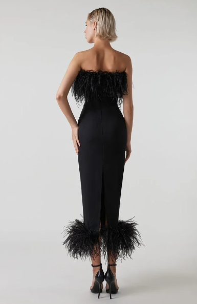 Elegant Strapless Backless Feather Bandage Bodycon Midi Dress