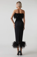 Elegant Strapless Backless Feather Bandage Bodycon Midi Dress