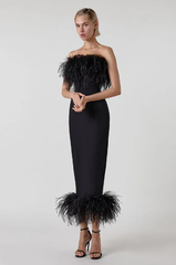Elegant Strapless Backless Feather Bandage Bodycon Midi Dress