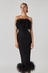 Elegant Strapless Backless Feather Bandage Bodycon Midi Dress