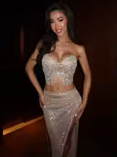 Elegant Strapless Backless Mesh Sequins Beading Skirt Set