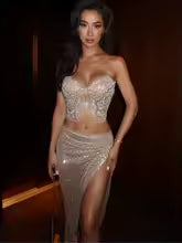 Elegant Strapless Backless Mesh Sequins Beading Skirt Set